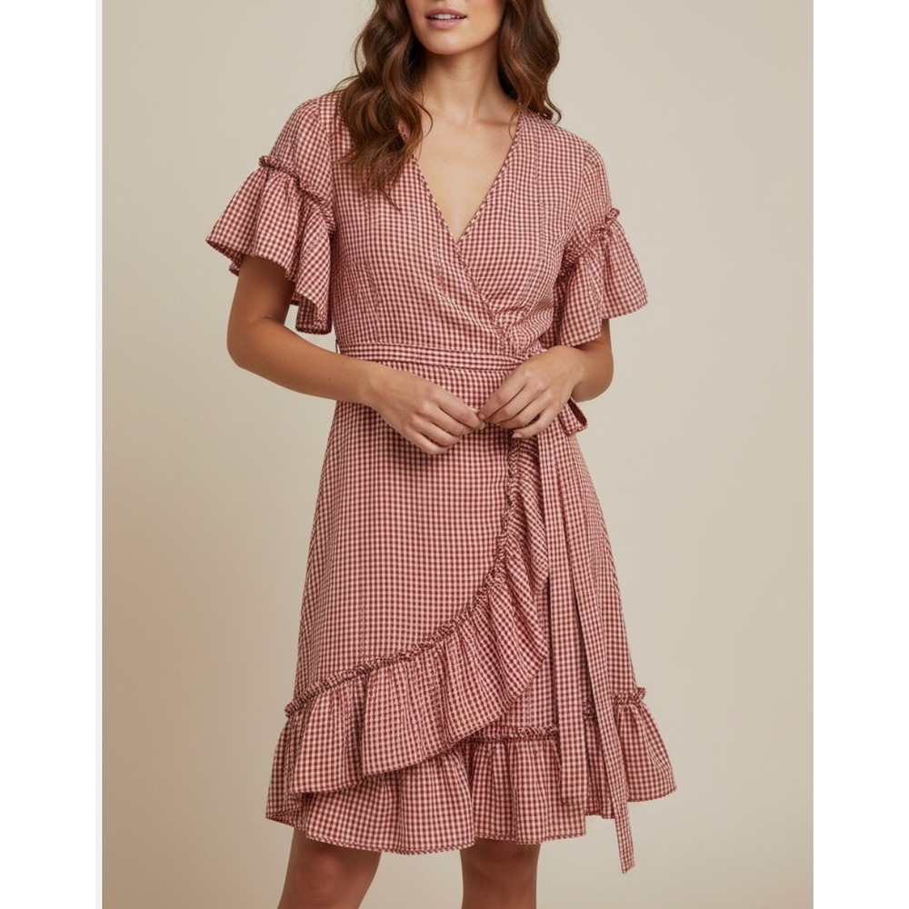 Max Studio Gingham Ruffle Sleeve Wrap Dress in Red Check Size Medium